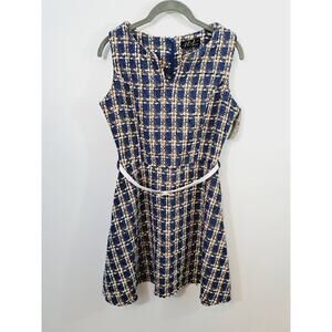 Marisa New Women's Blue Tan Tweed Fit & Flare Belted Dress Size 7